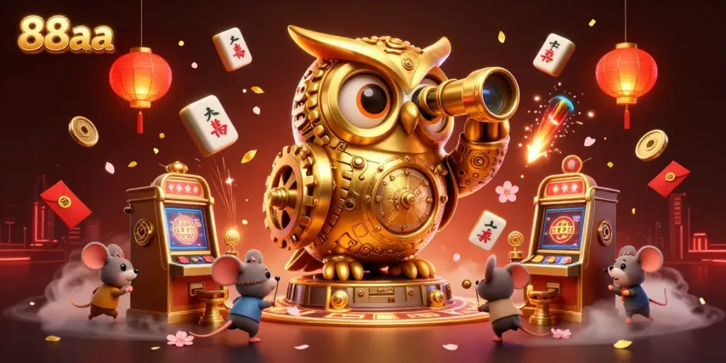 88aa themed casino illustration featuring a golden owl, slot machines, and festive elements.