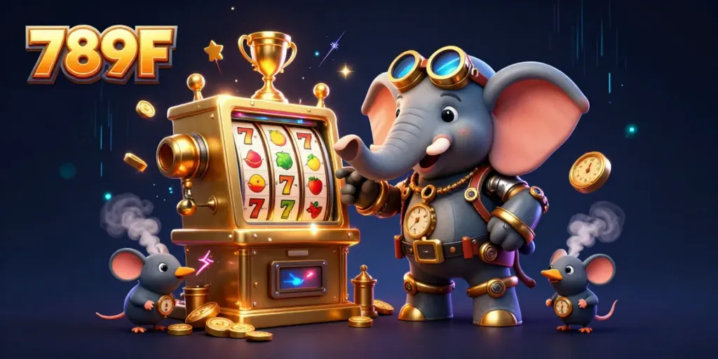 Experience the thrill of 789F with a steampunk elephant and jackpot slot machine in this engaging casino scene.