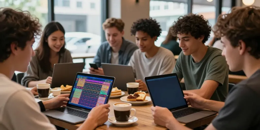 Friends enjoying togel 4D gaming experience at a café, analyzing results.