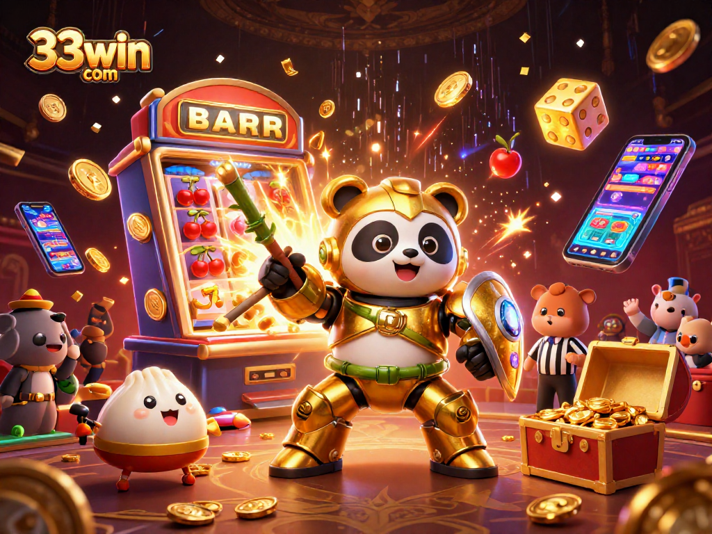 Experience the thrilling world of 33win com with a vibrant casino scene featuring a golden panda and dynamic game elements.