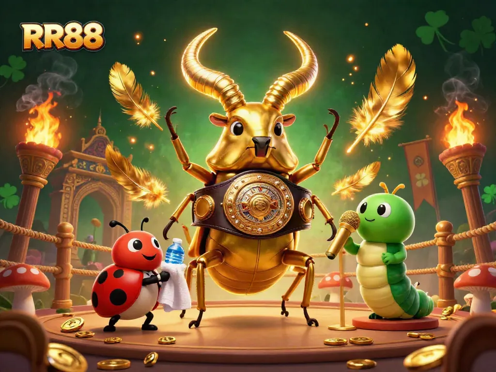 RR88 showcases a golden stag beetle boxing champion in a vibrant, dynamic casino scene.