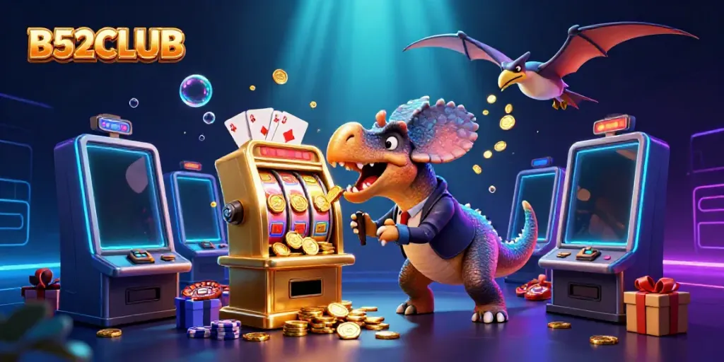 B52CLUB casino scene with a pachycephalosaurus winning slots, showcasing excitement and jackpots.