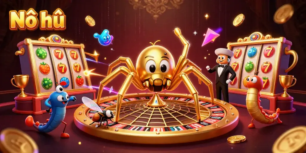 Engage in Nổ hũ with a vibrant illustration of a golden spider spinning a roulette wheel amidst jackpot reels and flying coins.