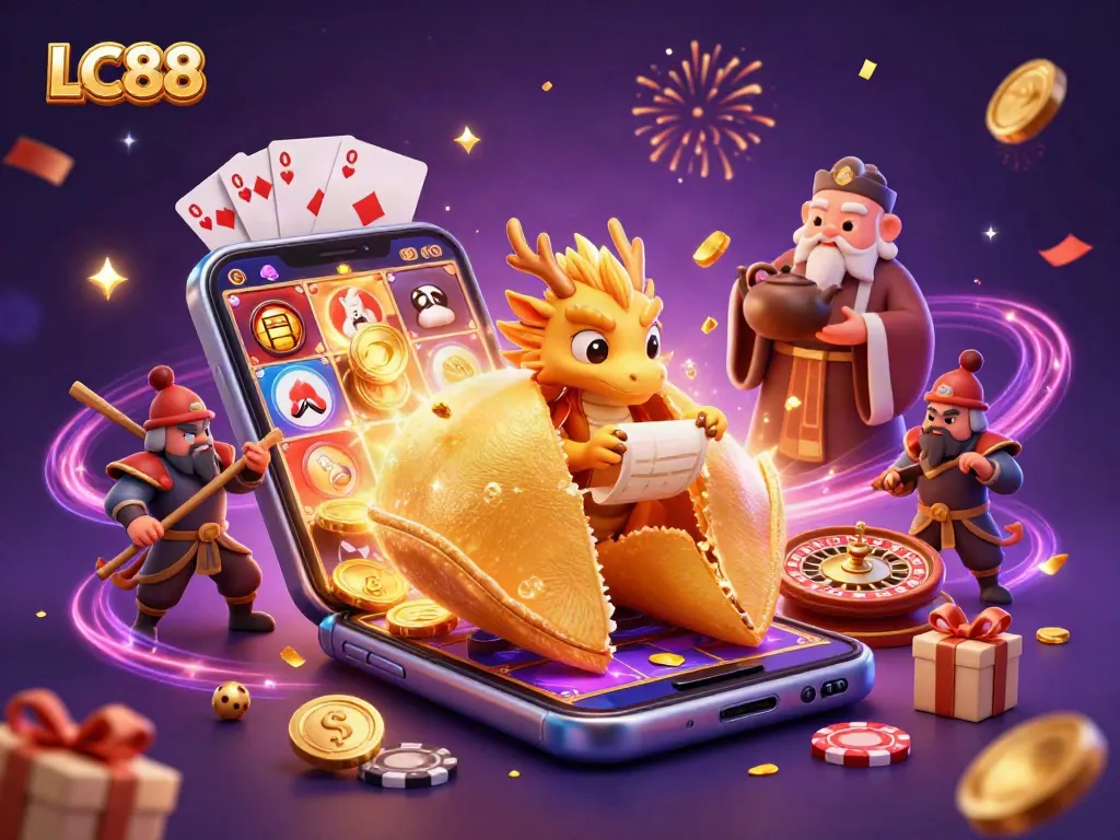 LC88 showcases a vibrant casino scene with a dragon and fortune cookie, emphasizing luck and excitement.