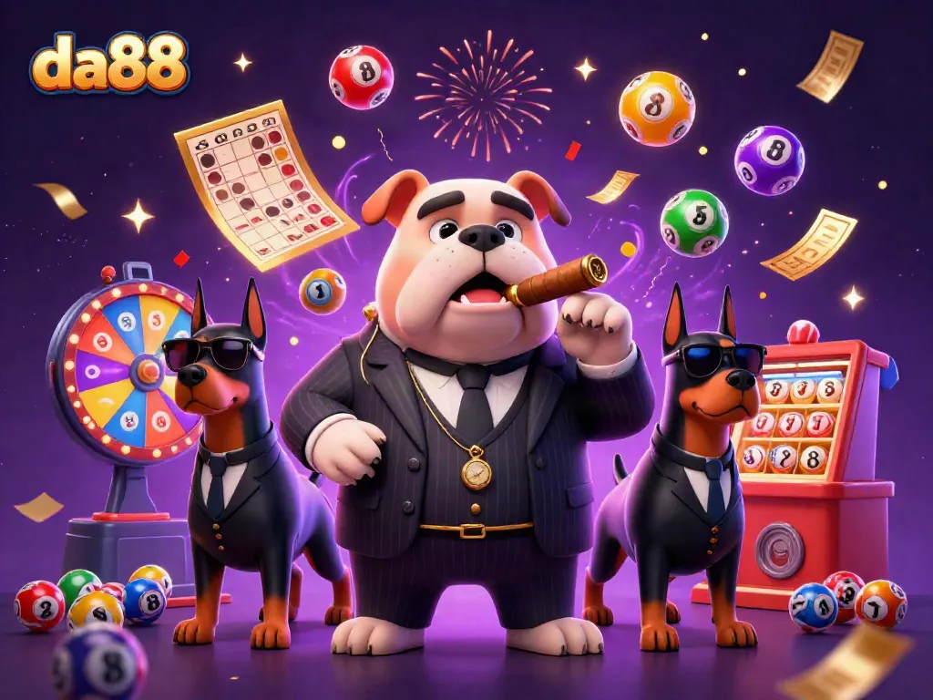 Engage with da88's immersive gaming experience featuring a cartoon mafia boss and his bodyguards celebrating amidst dynamic casino elements.
