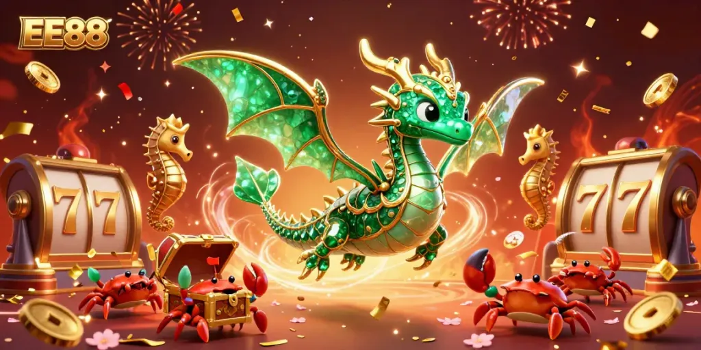 Engage with EE88's exciting gambling experience featuring a vibrant scene of a sea dragon and treasures.