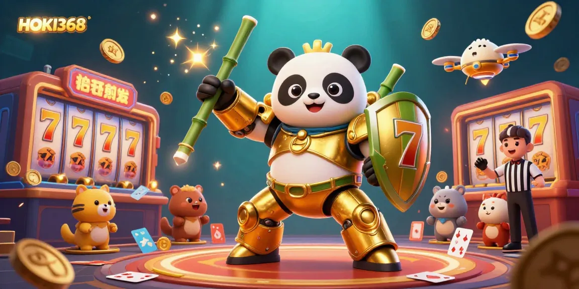 Experience the thrill with HOKI368 in an exciting casino atmosphere filled with vibrant slot reels and characters.