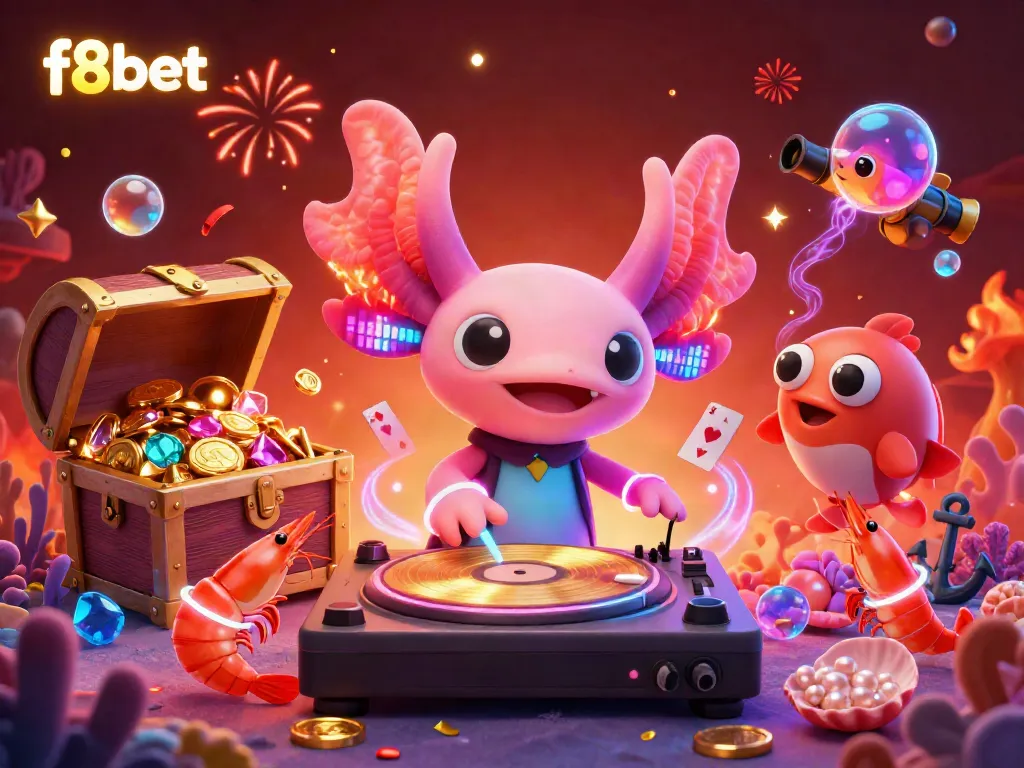 Experience thrilling underwater gaming with f8bet featuring a DJ axolotl and colorful sea creatures.