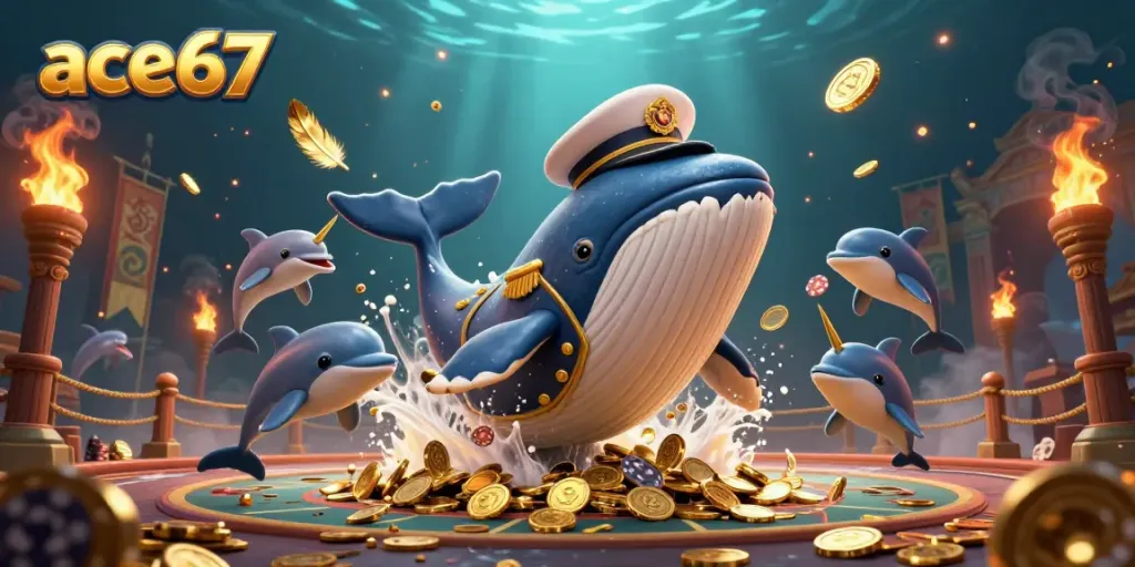 Experience the vibrant world of ace67 featuring a cartoon whale and playful dolphins amidst a treasure of coins.
