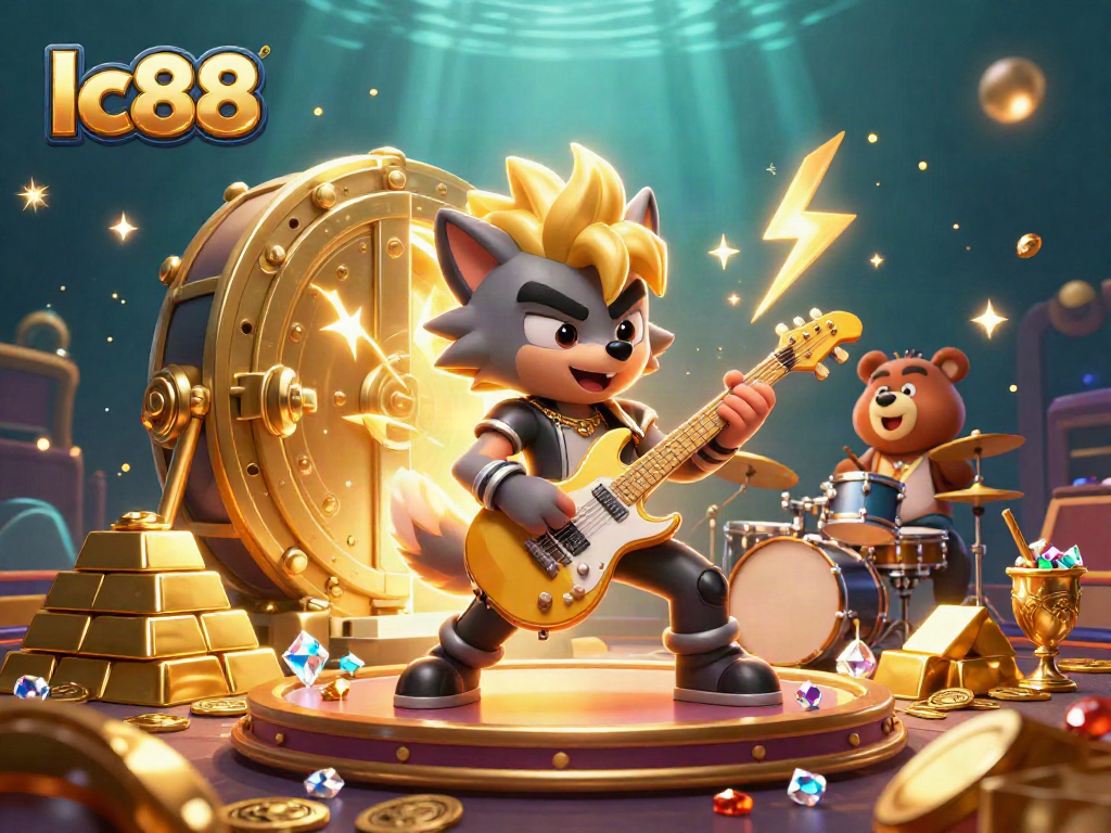 Experience high-energy gaming with lc88's thrilling casino scene featuring cartoon characters and treasures.