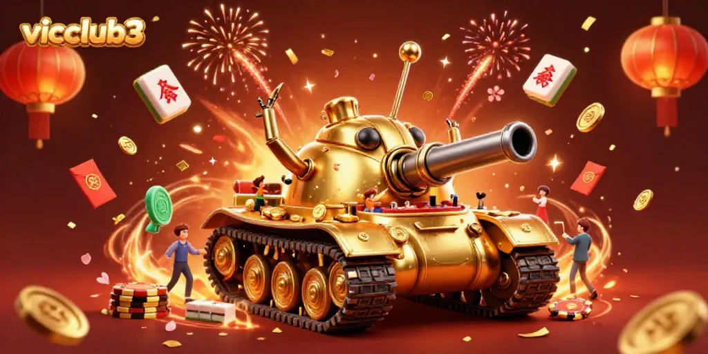 Engage with vicclub3's vibrant casino scene featuring a massive golden beetle tank and festive elements.