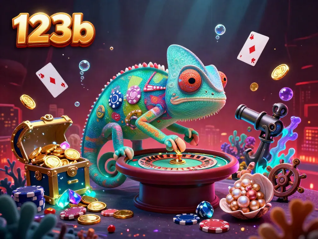Catching golden coins at 123b with a colorful chameleon casino owner and dynamic gaming elements.