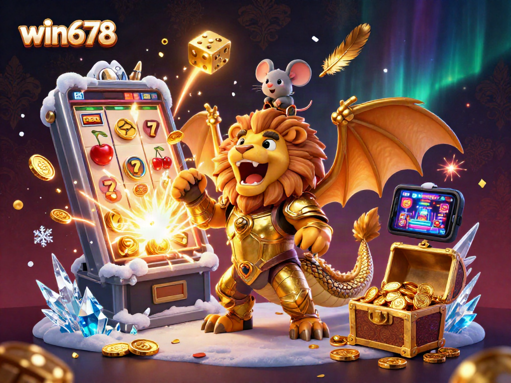 Win678 showcases thrilling gameplay with a 3D chimera roaring over slot machines and trophies!