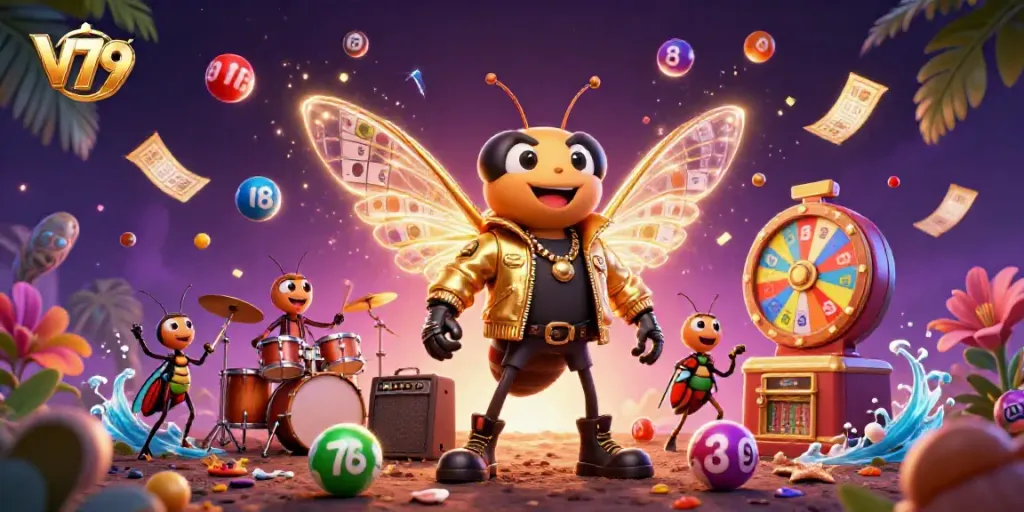 Witness the vibrant V79 casino adventure with a rock star cicada, lively elements, and dynamic gaming visuals.