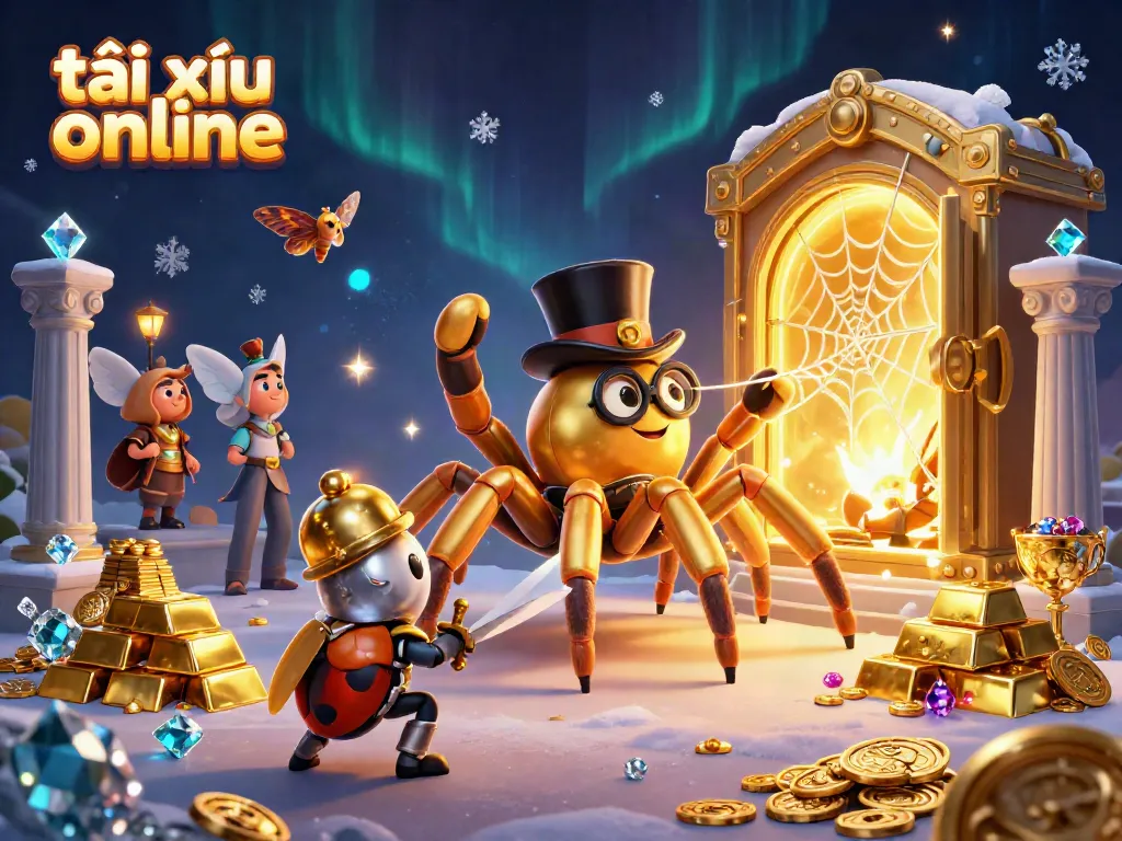 Engage in thrilling tài xỉu online gameplay while witnessing gold treasures and vibrant characters in action.