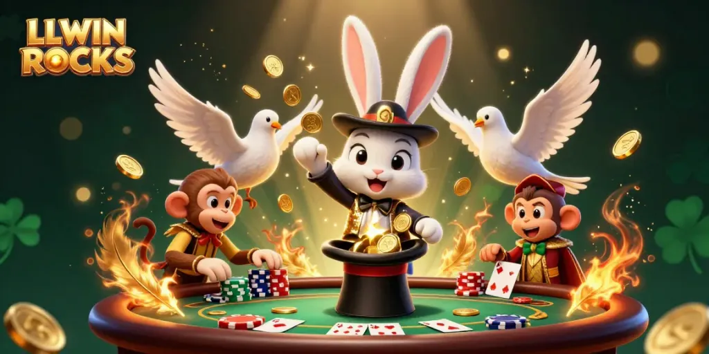 LLWIN ROCKS illustration showcasing a magician rabbit, dove, and monkey in a vibrant casino scene.