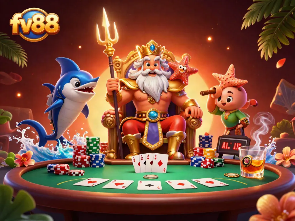 Experience exhilarating games at fv88 with cartoon sea king and poker elements.