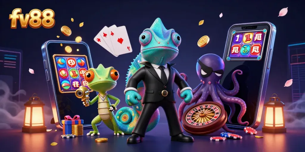 Spin and win with fv88 in this lively 3D casino scene featuring dynamic games and colorful characters.