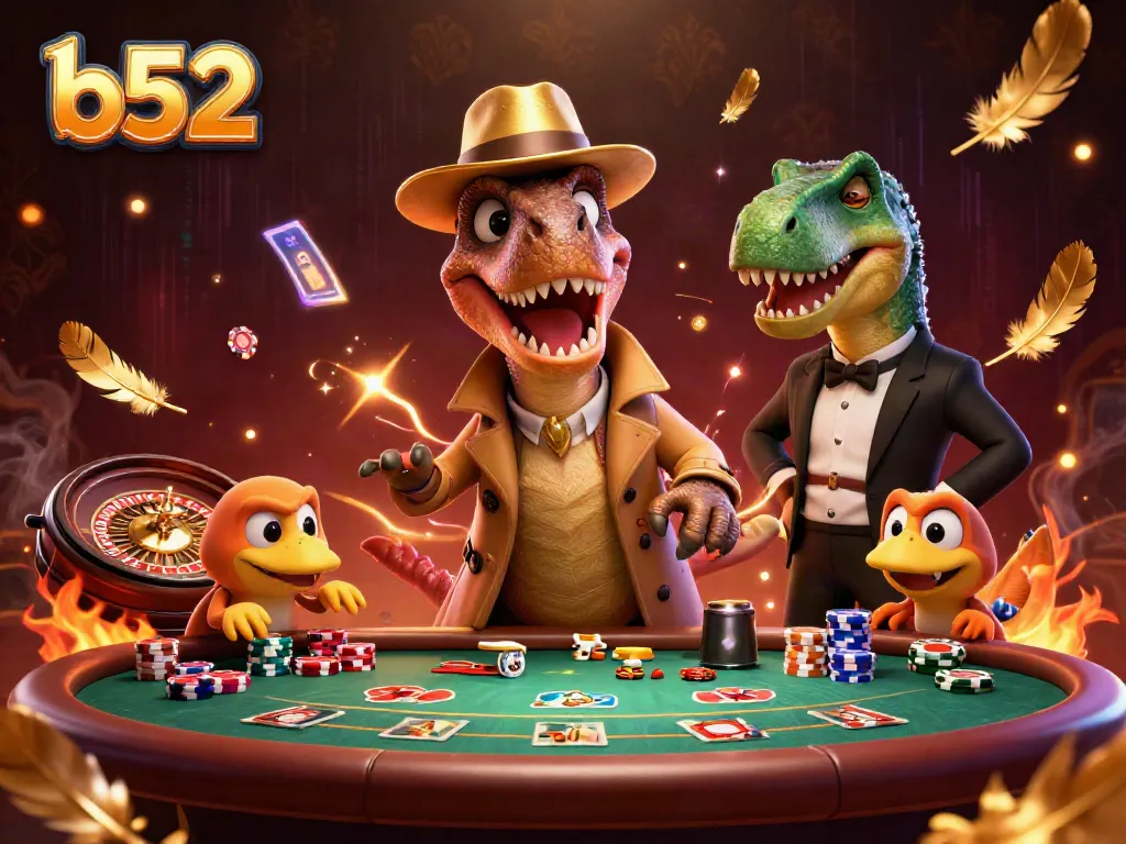 Experience gaming with b52 through a 3D velociraptor at a blackjack table, surrounded by casino elements.