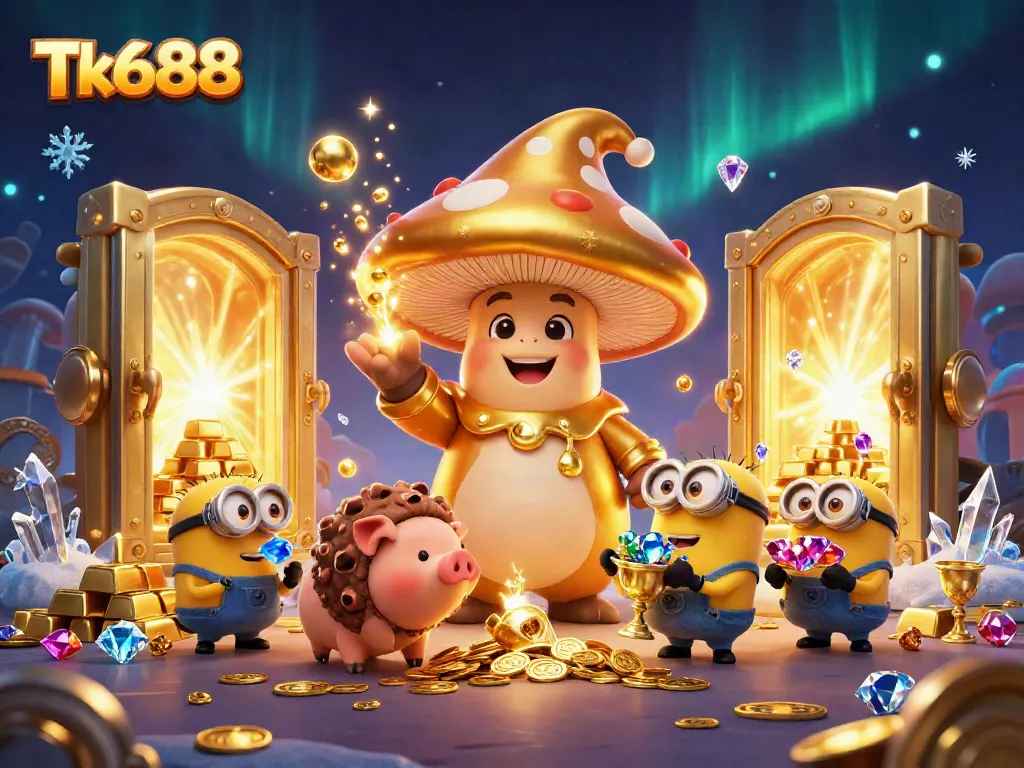 Experience the magic of Tk688 gaming with golden treasures and enchanting characters in this vibrant 3D illustration.