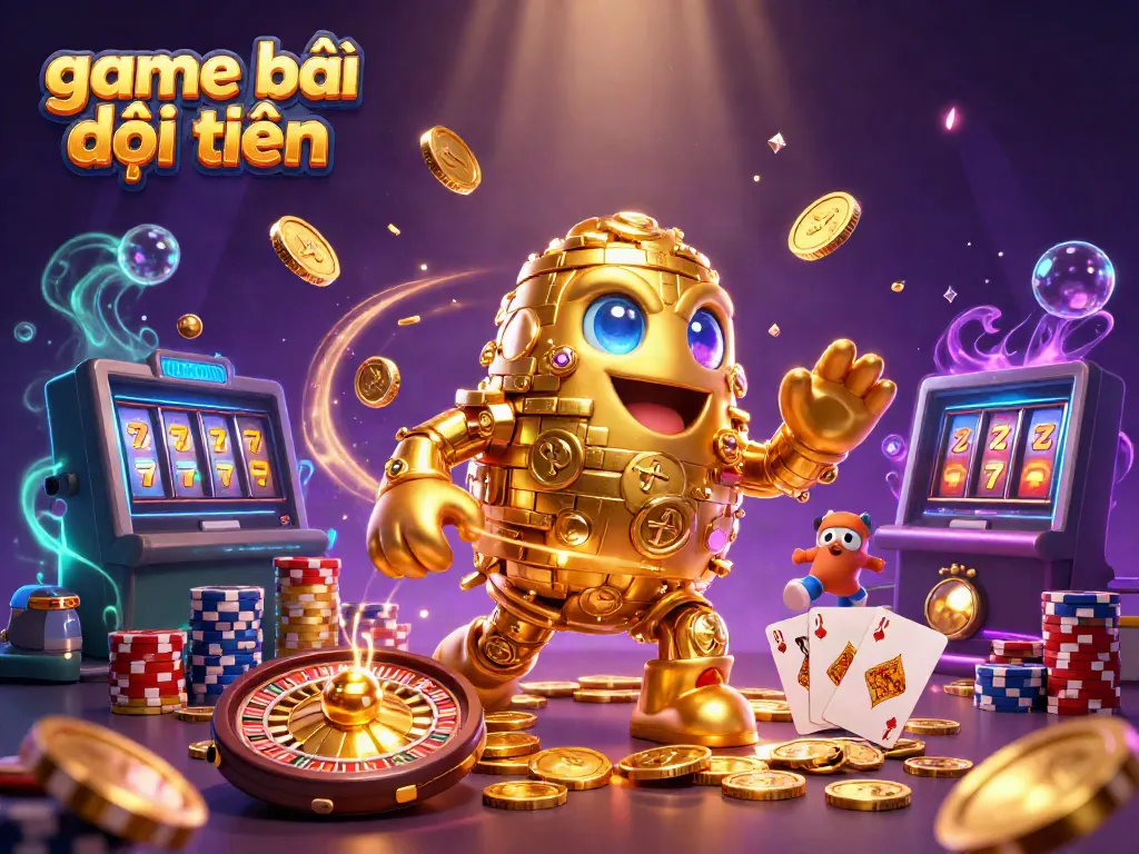 Engaging scene illustrating game bài đổi thưởng with golden golem, coins, and casino elements.