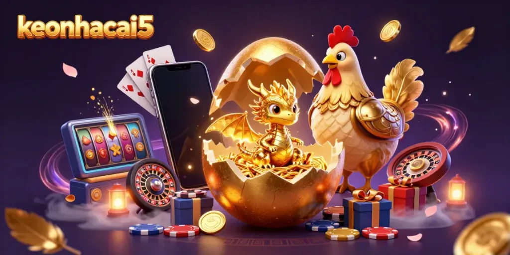Experience the thrill of keonhacai5 with a golden dragon emerging from poker chips in a captivating casino scene.