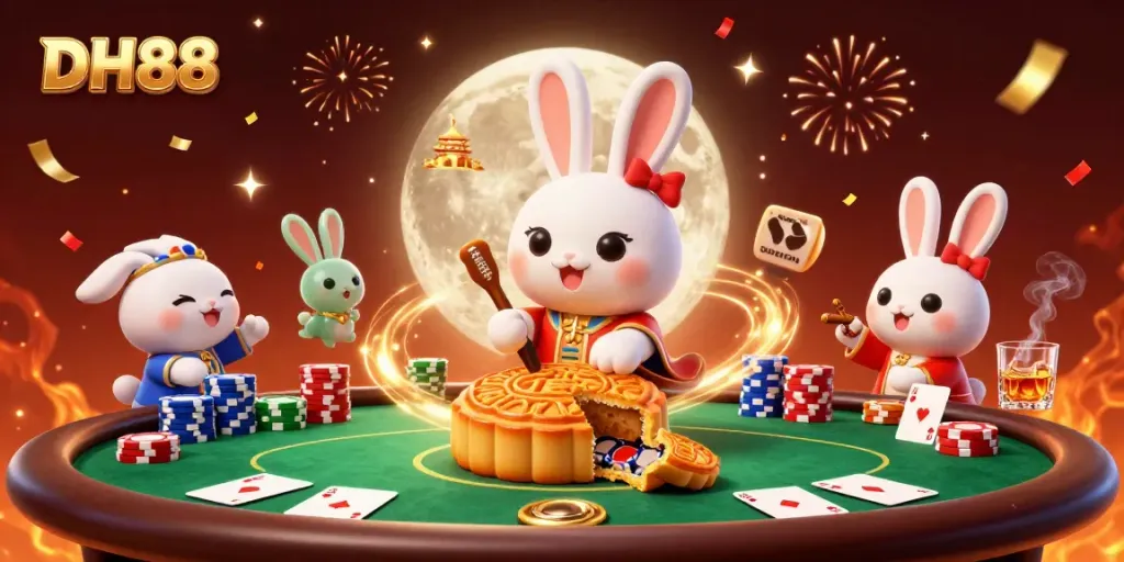 Engage in thrilling DH88 poker action with colorful chips and festive lunar celebration.