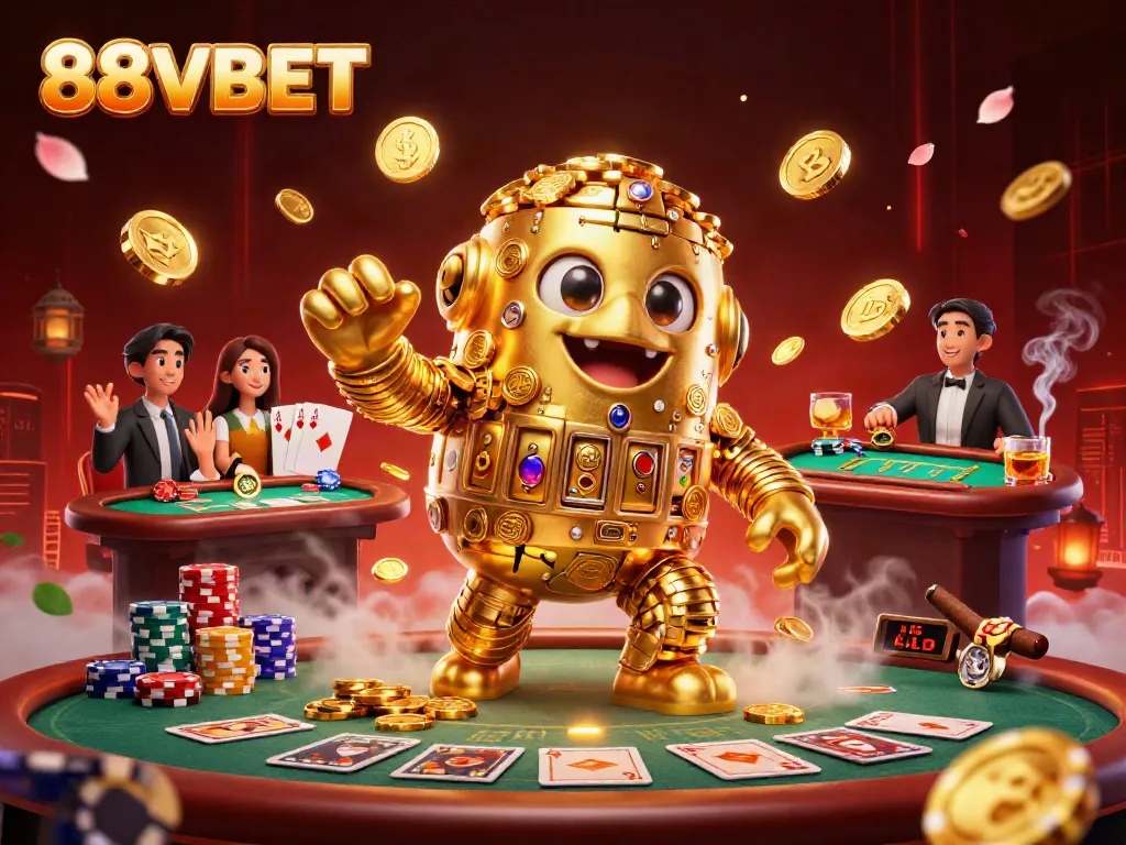 88VBET brings vibrant casino excitement alive with a golden golem and poker scenery.