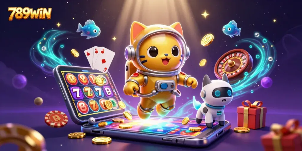 Spin to win with 789WIN: an astronaut cat and robot dog in a vibrant casino universe.