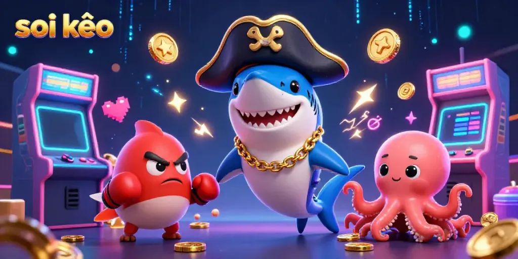 Engage with soi kèo strategies illustrated by a pirate shark and friends amidst vibrant gaming elements.