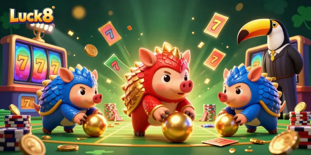 Luck8 pangolins compete with slot reels and golden trophies in a vibrant, dynamic casino scene.
