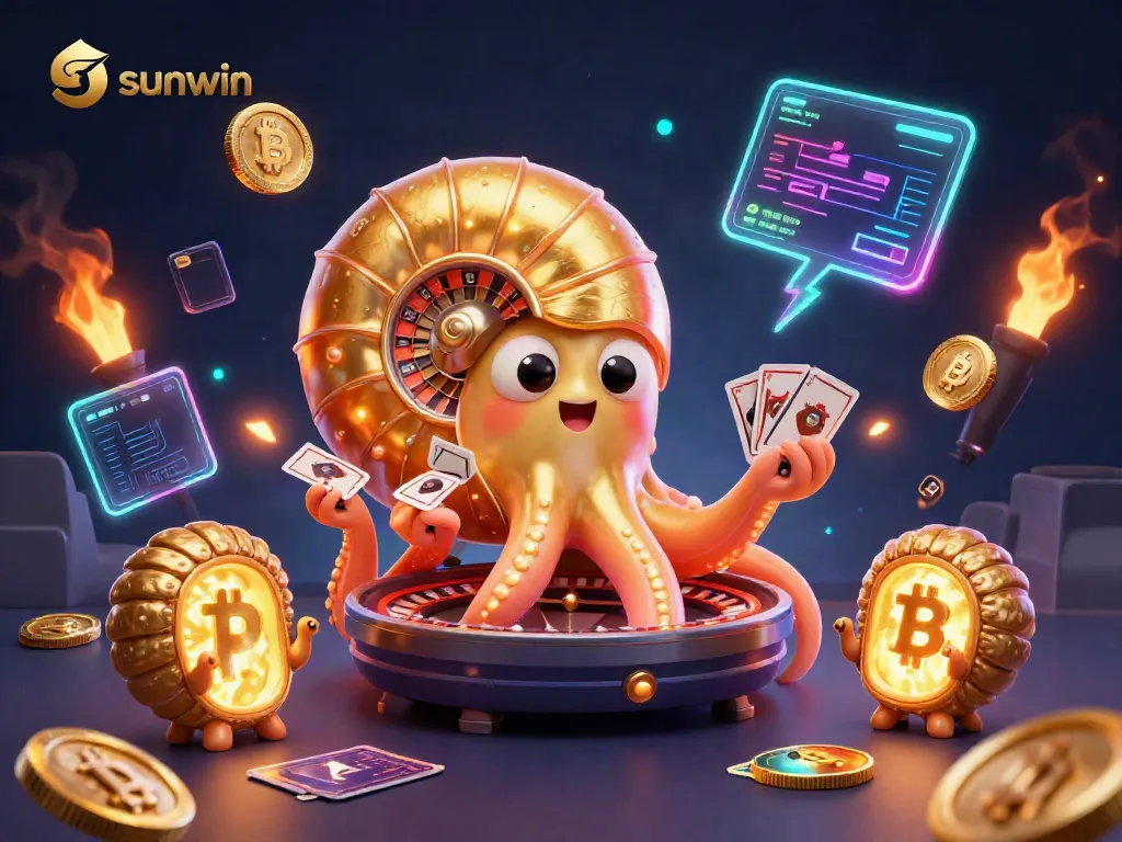 Experience the thrill of sunwin gaming with 3D casino elements, a nautilus roulette, and glowing cryptocurrency coins.