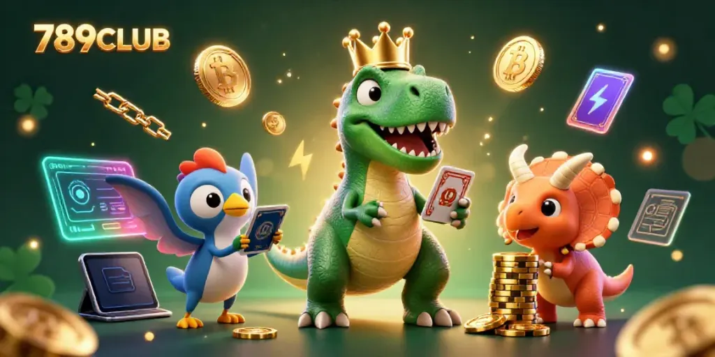 Engage in fun crypto-themed gameplay with 789CLUB in this colorful digital illustration.