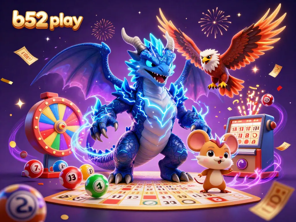Experience the thrill of b52 play with a vibrant illustration of a thunder dragon amidst colorful gaming elements.