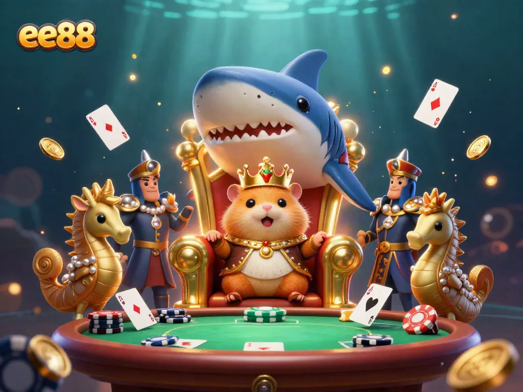 Join the fierce golden hamster king on his megalodon throne in the ee88 poker scene