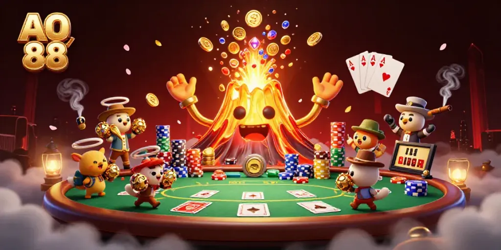 Experience the excitement of AO 88 with vibrant 3D characters, casino elements, and a dynamic atmosphere.