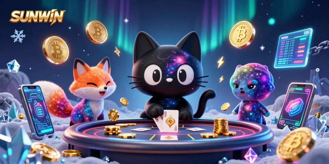 SUNWIN cosmic casino scene with a black hole cat and nebula fox, featuring vibrant crypto elements.