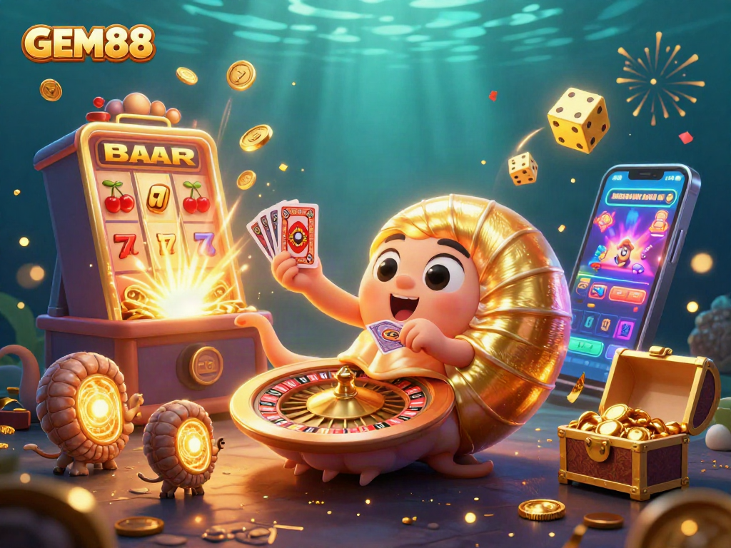 Engage with GEM88's vibrant casino games through this 3D cartoon illustration.