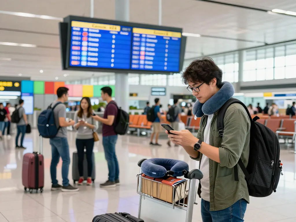 Garuda 404 flight status check at bustling airport terminal with travelers.