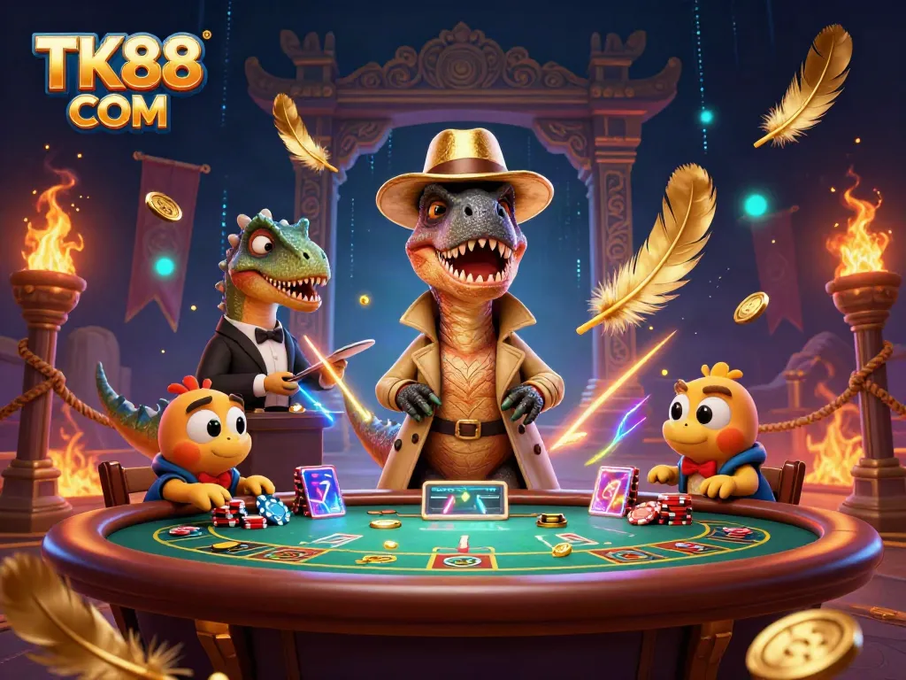 Engage with thrilling casino action featuring a velociraptor at a blackjack table in an energetic TK88 COM scene.
