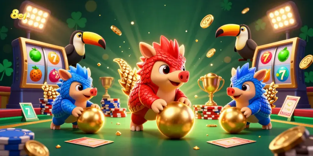 8eejl showcases rival pangolins in a casino showdown, rolling poker chips and slot reels