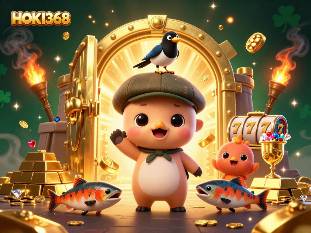 Join the fun at HOKI368 with exciting slot reels and vibrant characters in a whimsical online casino scene.