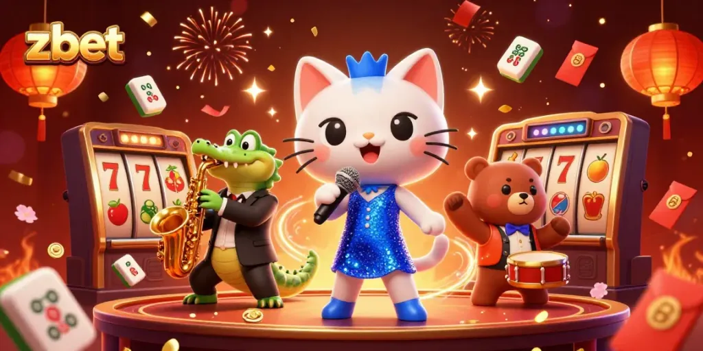 Experience zbet with a 3D cartoon cat singing on stage while dynamic casino elements add excitement.