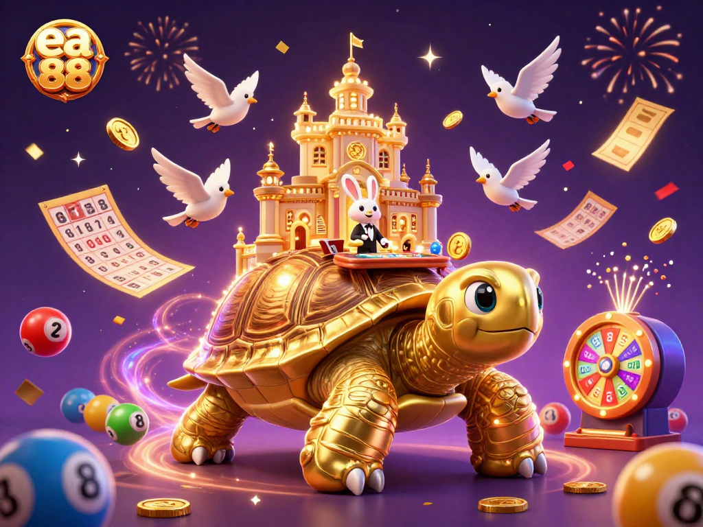 Experience the excitement of ea 88 with a vibrant casino scene featuring a golden tortoise and dynamic game elements.