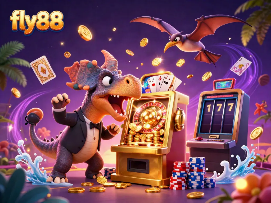 Experience fly88's thrilling jackpot scene with cartoon dinosaurs interacting at a vibrant casino.