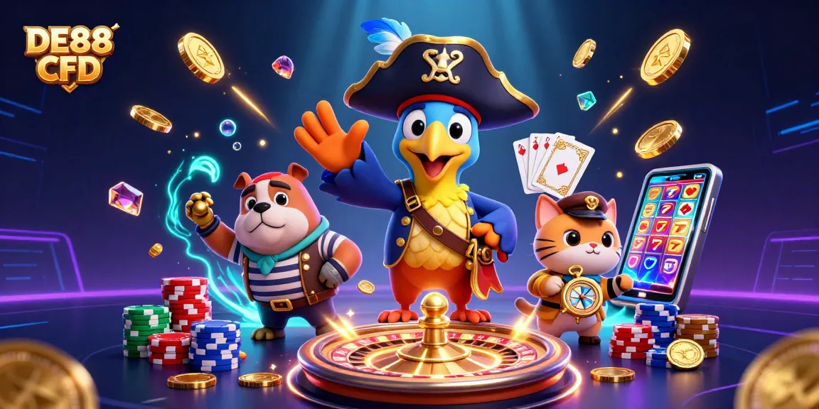 Spin the reels with DE88 CFD, featuring vibrant 3D characters in a dynamic casino scene.
