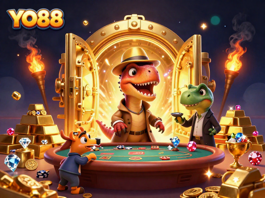 YO88 velociraptor card counter at blackjack table, vibrant casino scene illustration