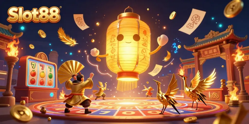 Experience thrilling gameplay in Slot88 with vibrant 3D scenes showcasing lucky symbols and casino excitement.