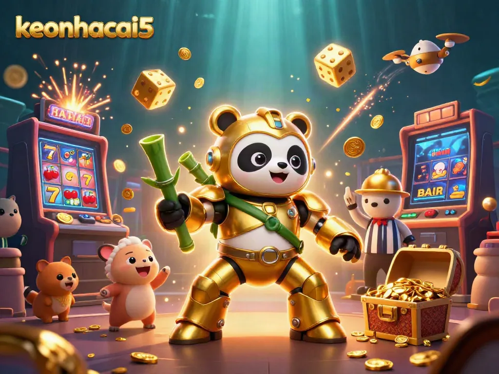 Experience keonhacai5 excitement with a dynamic 3D panda and robot gaming scene filled with casino elements.