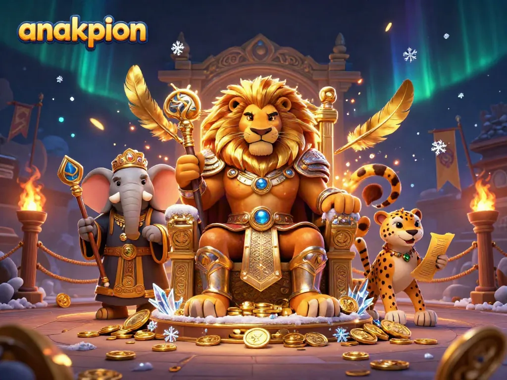 Engage in thrilling gambling action with Anakpion's illustrated lion king, elephant advisor, and cheetah messenger as they guide players.